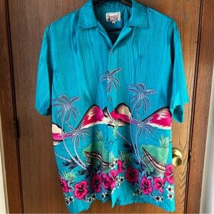 VTG Men’s Waikiki Creations Hawaiian shirt turquoise blue tropical print XXL